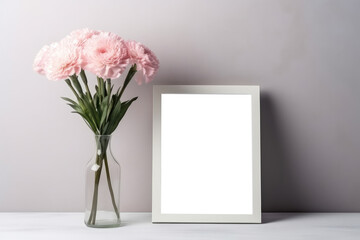 Blank Frame With Carnations In Vase. Empty Png Frame. Generative AI