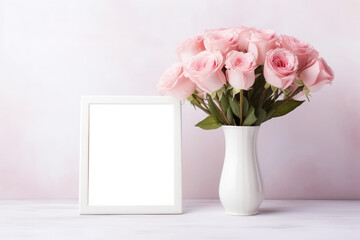 Empty Pastel Pink Color Frame With Red Roses In Vase. Blank Png Frame. Generative AI