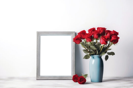 Empty Baby Blue Color Frame With Red Roses In Vase. Blank Png Frame. Generative AI
