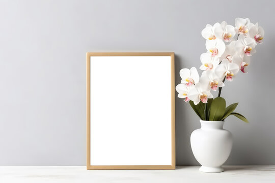 Blank Frame With Orchids In Vase. Empty Png Frame. Generative AI