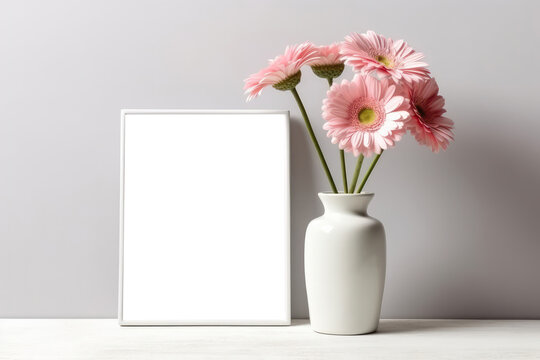 Blank Frame With Gerbera Daisies In Vase. Empty Png Frame. Generative AI