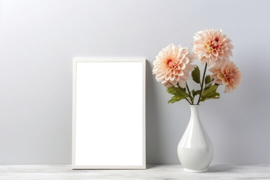 Blank Frame With Dahlias In Vase. Empty Png Frame. Generative AI