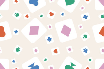 Seamless pattern with Card Suits in Retro Style. Abstract Endless ornament with the signs of diamonds, clubs, hearts and spades. Wallpaper and bed linen print. Vector illustration.