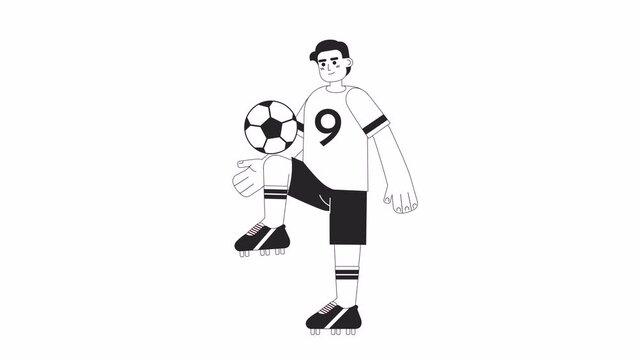 Animated bw brazilian footballer. Young sportsman kicking soccer ball isolated 2D animation. Cartoon monochrome thin line character 4K video footage, alpha channel transparency for web design
