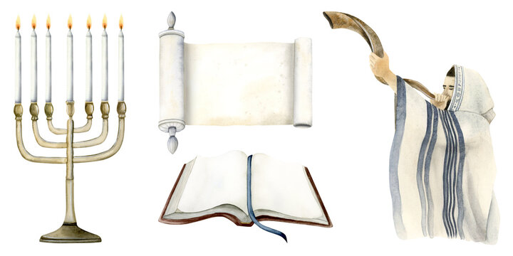 Yom Kippur watercolor illustration set for Day of Atonement with Jewish man blowing shofar horn, Torah book and scroll, menorah with candles isolated on white background
