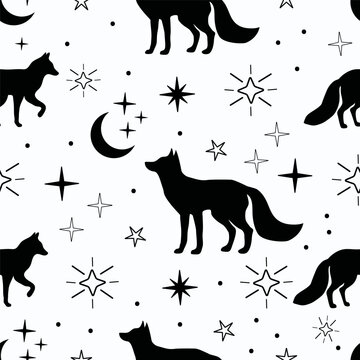 Fox and star silhouette, seamless pattern.Vector mystic magic animal silhouette illustration. Boho fox.