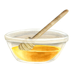 Yellow honey in glass bowl with wooden dipper spoon watercolor illustration isolated on white background Hand drawn clipart for cookbooks, recipes and kitchen designs