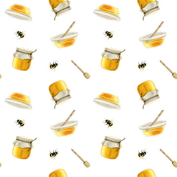 Watercolor honey seamless pattern with jars, wooden spoons and bees on white background for wrapping paper, bags or textile