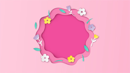 Spring circle frame decorated with flower. Springtime frame design. Spring background template. paper cut and craft style. vector, illustration.