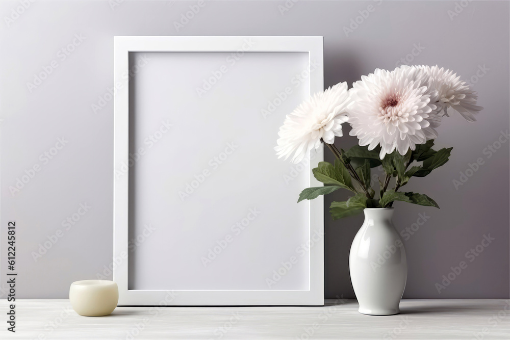Poster blank frame with chrysanthemums in vase next to it on white background. generative ai