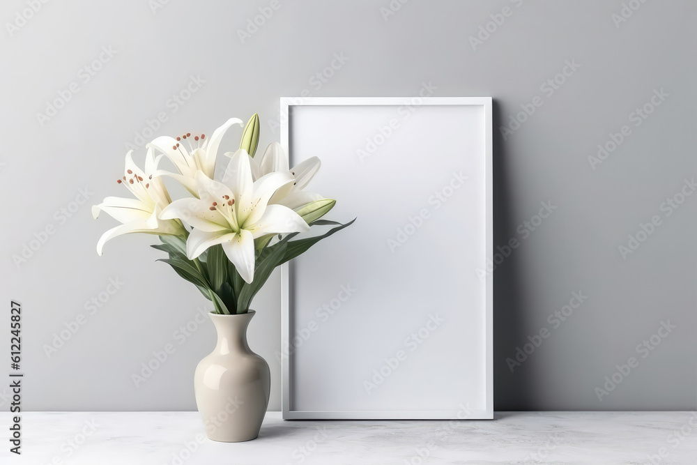 Poster blank frame with lilies in vase next to it on white background. generative ai
