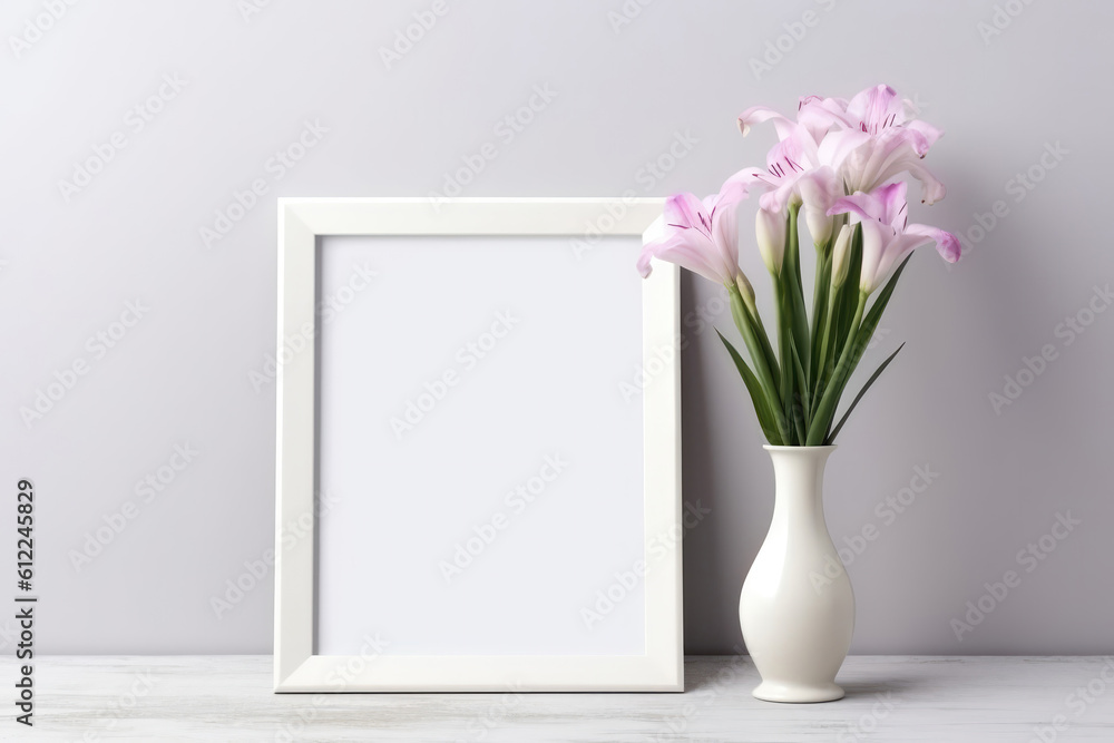 Poster blank frame with gladiolus in vase next to it on white background. generative ai