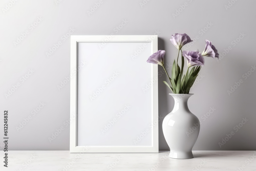 Poster blank frame with lisianthus in vase next to it on white background. generative ai
