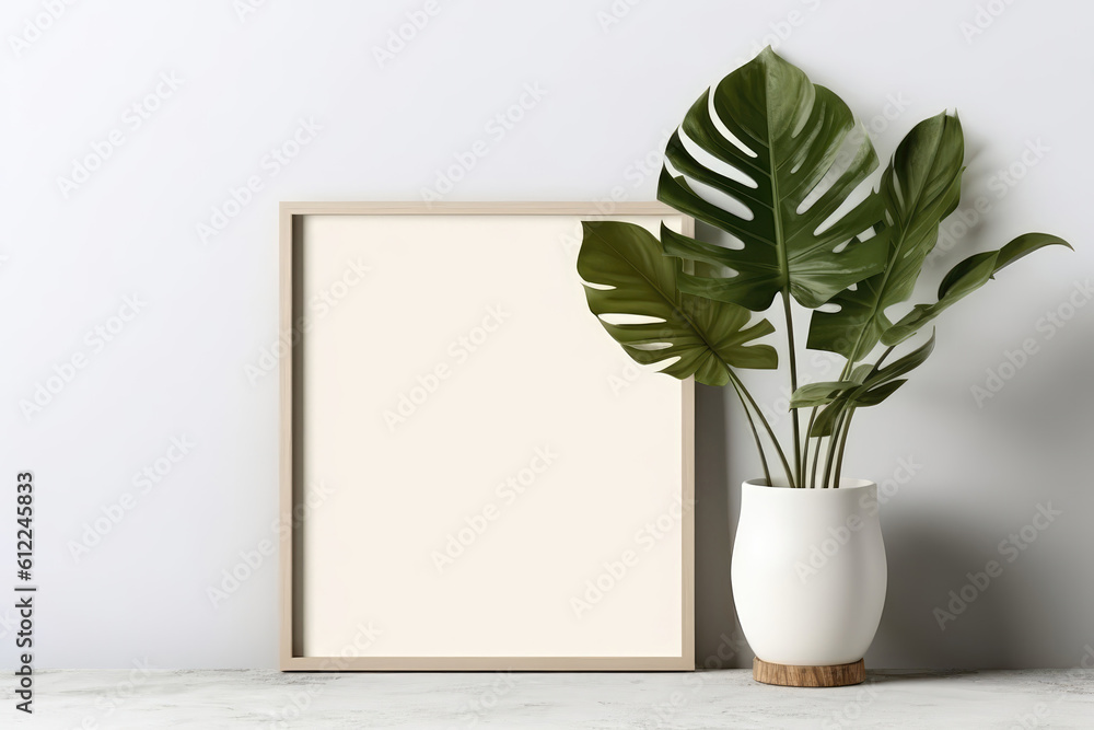 Poster blank frame with monstera in pot next to it on white background. generative ai