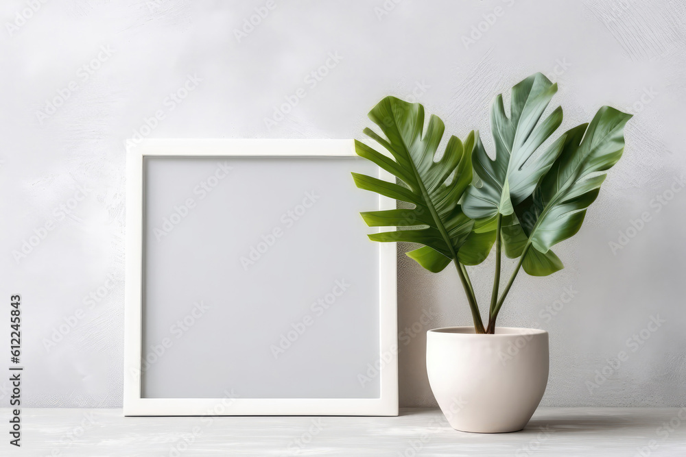 Poster blank frame with philodendron in pot next to it on white background. generative ai