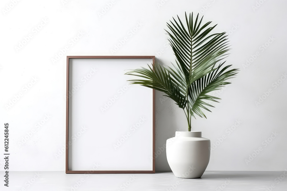Poster blank frame with palm tree in pot next to it on white background. generative ai