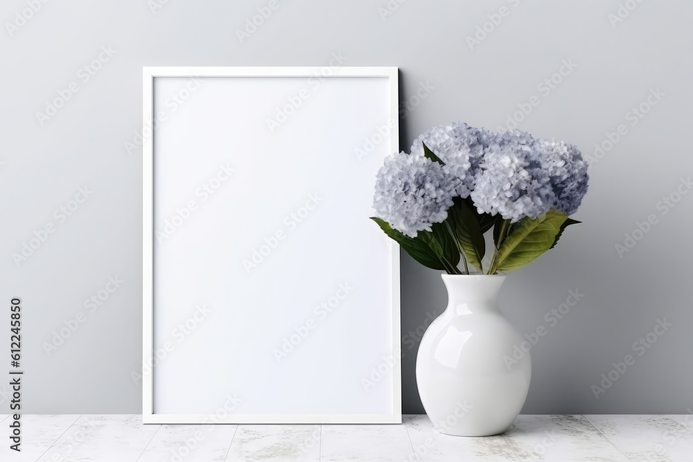 Poster blank frame with hydrangeas in vase next to it on white background. generative ai