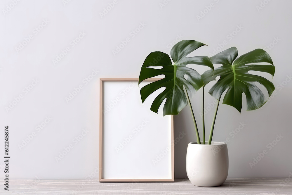 Poster blank frame with monstera in pot next to it on white background. generative ai