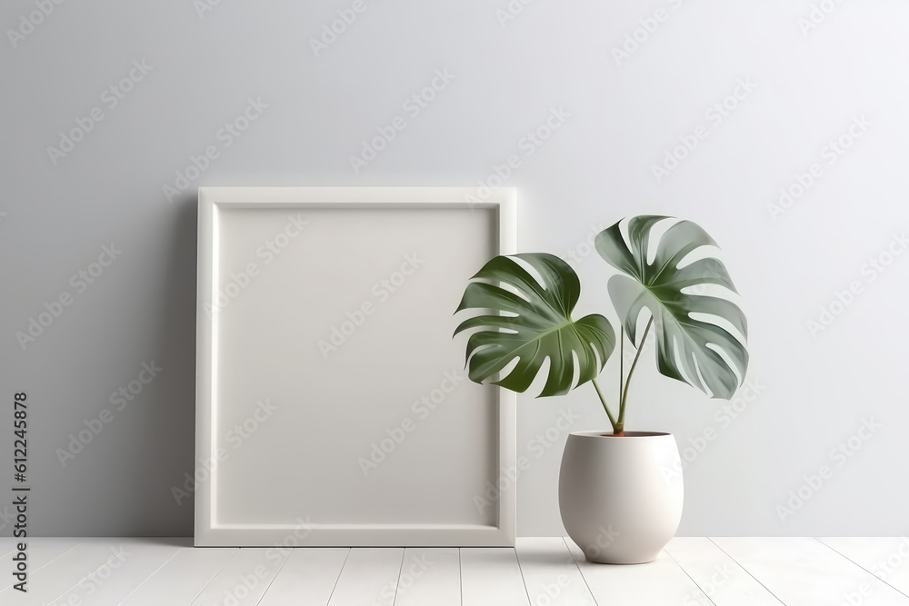 Aufkleber blank frame with philodendron in pot next to it on white background. generative ai