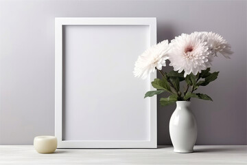 Fototapeta na wymiar Blank Frame With Chrysanthemums In Vase Next To It On White Background. Generative AI
