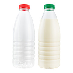 Set of two empty plastic bottles and full plastic bottle of milk or milk products isolated PNG...
