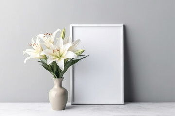 Blank Frame With Lilies In Vase Next To It On White Background. Generative AI