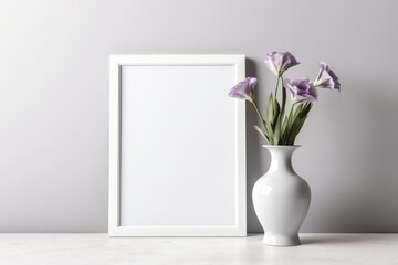Blank Frame With Lisianthus In Vase Next To It On White Background. Generative AI