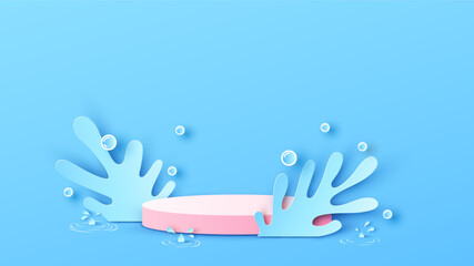 Rainy circle mockup scene podium with water splash and blank space. Water splash podium mockup template. paper cut and craft style. vector, illustration.