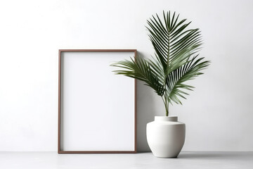 Blank Frame With Palm Tree In Pot Next To It On White Background. Generative AI