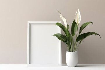 Blank Frame With Peace Lily In Pot Next To It On White Background. Generative AI