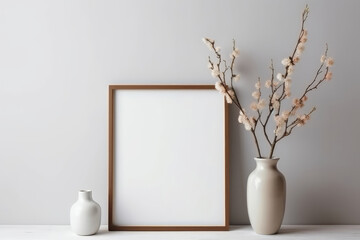 Blank Frame With Spring Bouquet With Willow In Vase Next To It On White Background. Generative AI