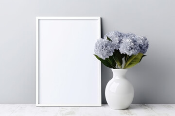 Blank Frame With Hydrangeas In Vase Next To It On White Background. Generative AI