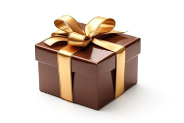 Obraz premium Brown Gift Box With Gold Ribbon On White Background. Generative AI