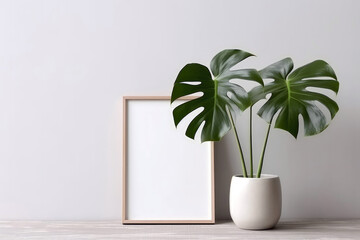 Blank Frame With Monstera In Pot Next To It On White Background. Generative AI