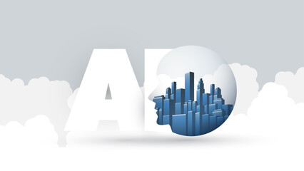Smart City, Automated Digital Control, Deep Learning, Artificial Intelligence Cloud Computing and Future Technology Concept Design with Cityscape in a Globe, Human Head and Clouds -Vector Illustration