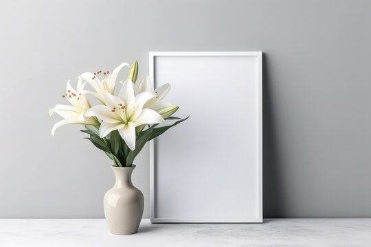 Blank Frame With Lilies In Vase Next To It On White Background. Generative AI