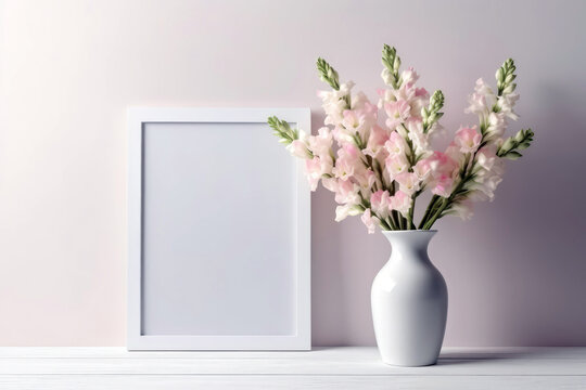 Blank Frame With Snapdragons In Vase Next To It On White Background. Generative AI