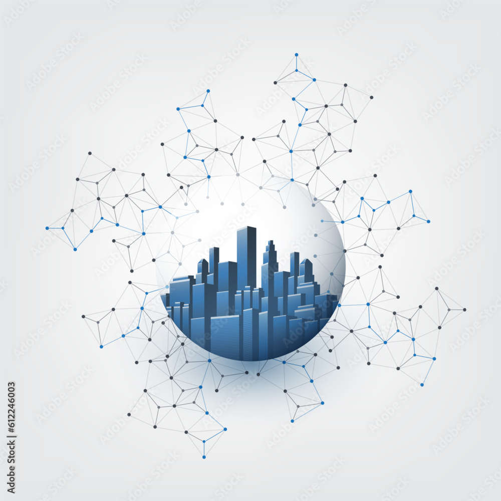 Poster futuristic smart city, iot and cloud computing design concept with polygonal mesh, cluster and nodes