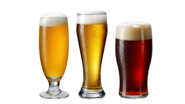 Beer variety, Three beers in different glasses isolated transparent PNG photo