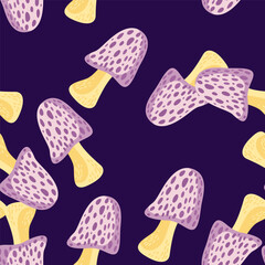 Magical fly agaric wallpaper. Seamless pattern with fairytail mushrooms.