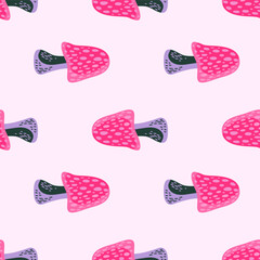 Magical fly agaric wallpaper. Seamless pattern with fairytail mushrooms.