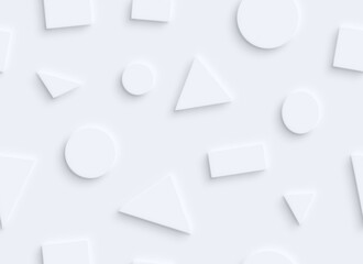 Many white geometric shapes (circles, rectangles and triangles) on white with shadow or 3d effect, seamless pattern. Abstract high resolution full frame background.
