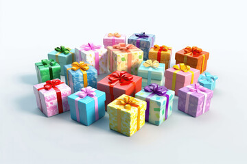 Colorful Gift Boxes Set On White Background, 3D. Generative AI