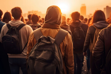 Obraz premium Crowd Of Protesters, Back View, Sunset, Closeup. Generative AI