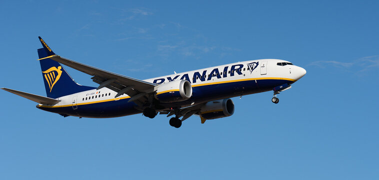 Tenerife, Spain May 31st, 2023. Boeing 737 of Ryanair Airlines flies in the blue sky. Ryanair take off from Tenerife. Ryanair is an Irish low-cost airline