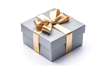 Obraz premium Grey Gift Box With Gold Ribbon On White Background. Generative AI