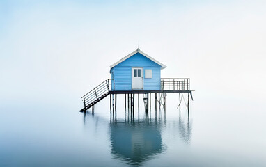 Blue elevated wooden hut with stairs in a lake against hazy white background, made with generative ai