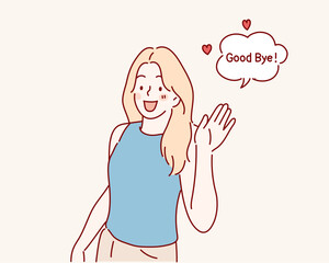 Attractive friendly looking young woman smiling happily, saying Bye. Hand drawn style vector design illustrations.