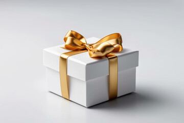 White Gift Box With Gold Ribbon On White Background. Generative AI