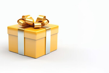 Yellow Gift Box With Gold Ribbon On White Background, 3D. Generative AI